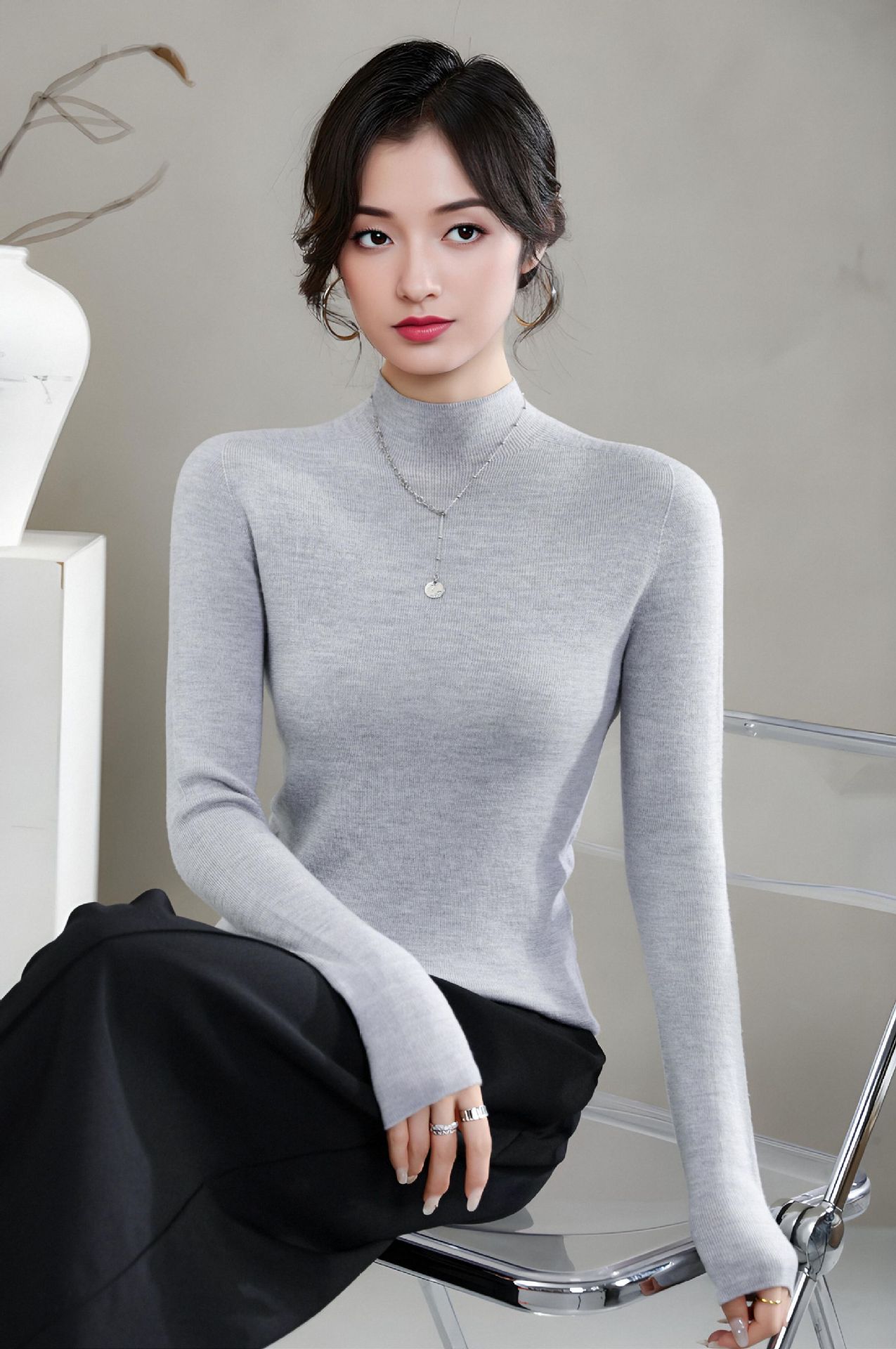 揚子糸ワンピース成形シームレスウールセーター女性のセータースリムハーフタートルネック 100% ウールニットボトリングシャツ