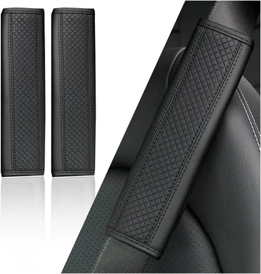 Seat belt shoulder pad: fiber shoulder protector, breathable - embossed-diamond-pattern-black-with-black-stitching-1-pair-of-shoulder-pads-23cm