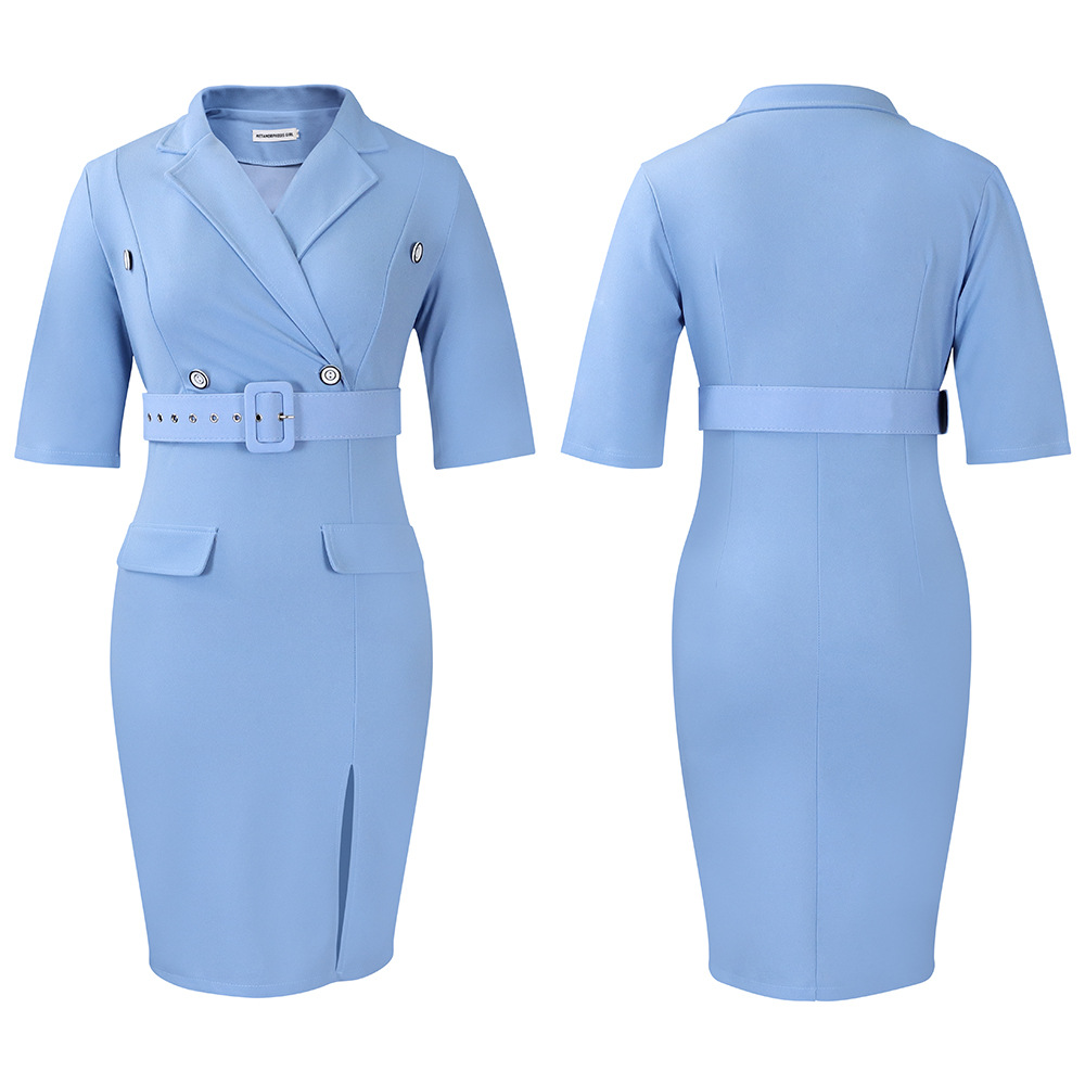 Women's Sheath Dress Elegant Turndown Button 3/4 Length Sleeve Solid Color Knee-Length Holiday Daily display picture 54