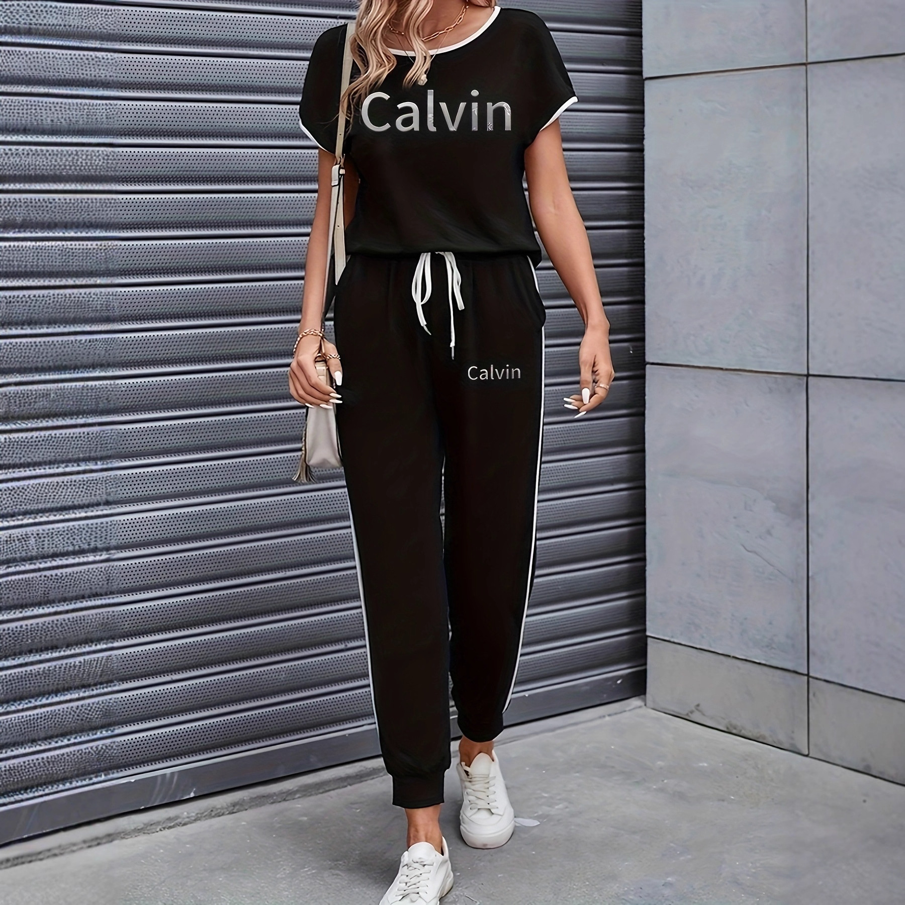 Women's Clothing Color Block Trim Casual Suit Spring Summer Autumn American Style Simple Loose Fit Short Sleeved Set_ecoleips.com