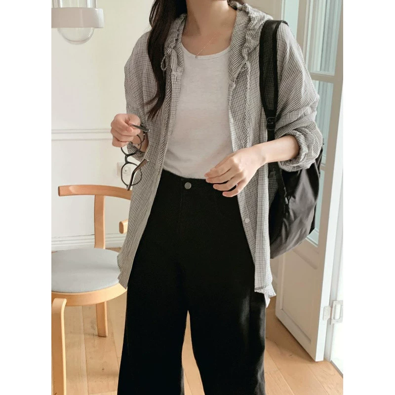 YS8 Модная и универсальная корейская рубашка в синюю полоску, шикарный топ, уменьшающий возраст, солнцезащитная рубашка для женщин 7040