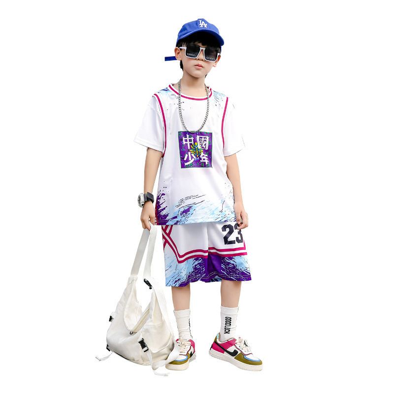 Fake Two-Piece Children's Basketball Clothes Printed Summer Clothes Boys and Girls Training Clothes Jersey Students Middle and Big Children Sports Suit