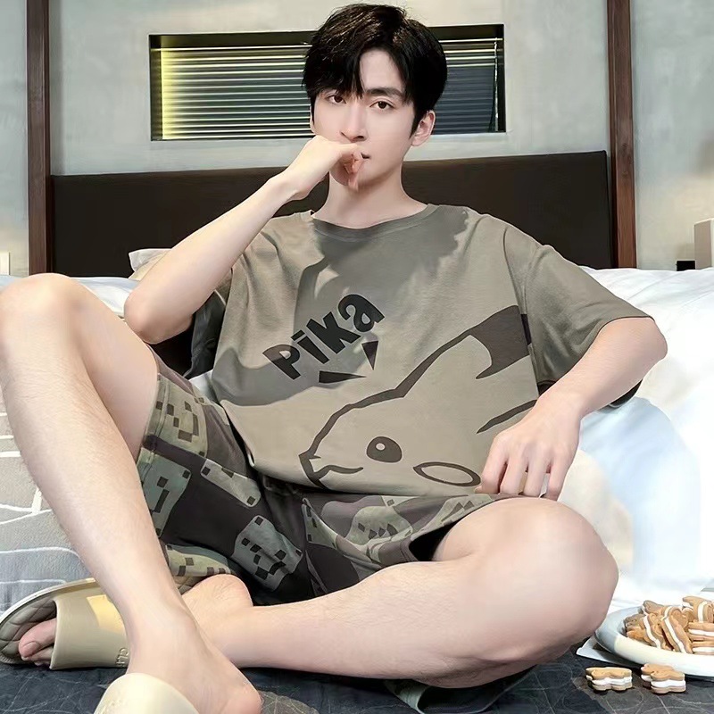 New Men's Summer Short Sleeve Pajamas Set Teenagers Large Size Cartoon Home Clothes Pajamas