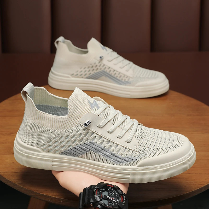 Men's Mesh Shoes, Korean Style Breathable Slip-On Fly-Knit Shoes, Summer Casual Sports Soft-Soled Versatile Driving Shoes for Men