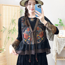 缎面拼纱摆重工刺绣国风马甲秋季V领一粒盘扣民族风女式坎肩