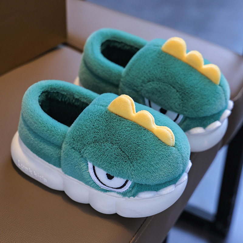 Zapatillas de algodón para niños de invierno dinosaurio caliente y pelusa para niños pequeños pequeños lindos zapatos caseros para bebés