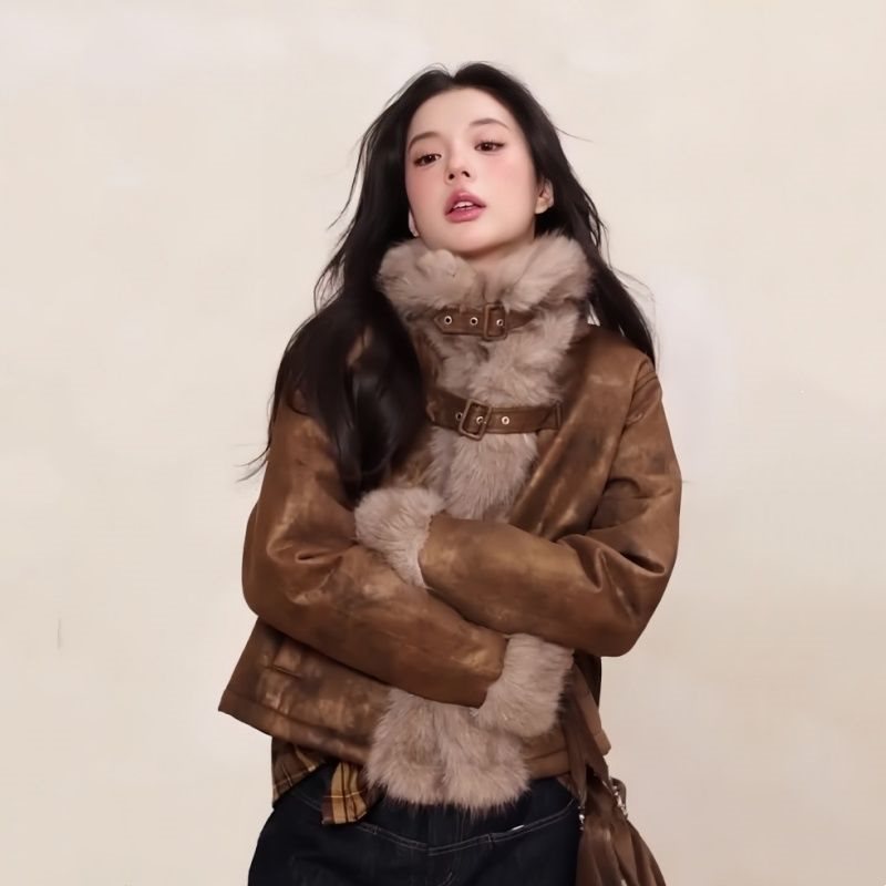新款美拉德麂皮绒外套女2026冬季复古机车服皮衣拼接美式上衣皮草