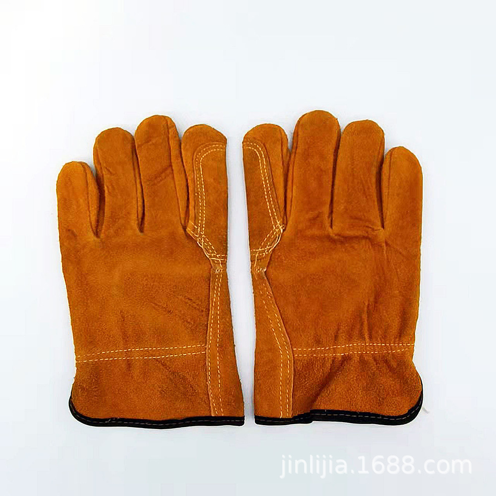 二层牛皮全掌加托焊工手套 隔热阻燃劳保防护翻毛皮司机电焊手套