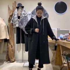 韩版2025秋冬长款连帽西装大衣假两件女休闲宽松时尚呢料加厚风衣