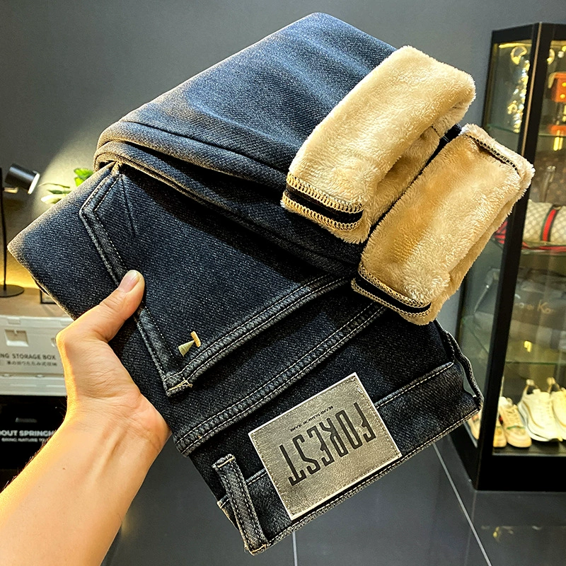 Elite winter warm elastic jeans, keep warm trousers for leisure, loose straight fit