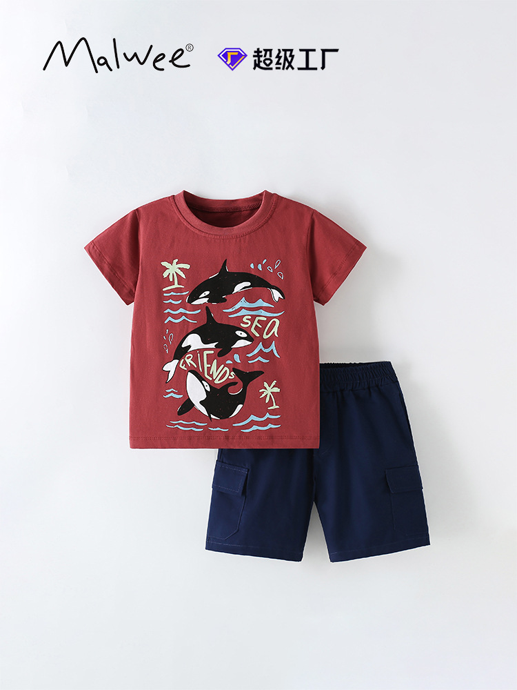 Traje para niños malwee transfronterizo nueva camiseta de cuello redondo traje de dos piezas de verano para niños pequeños y medianos europeos y americanos