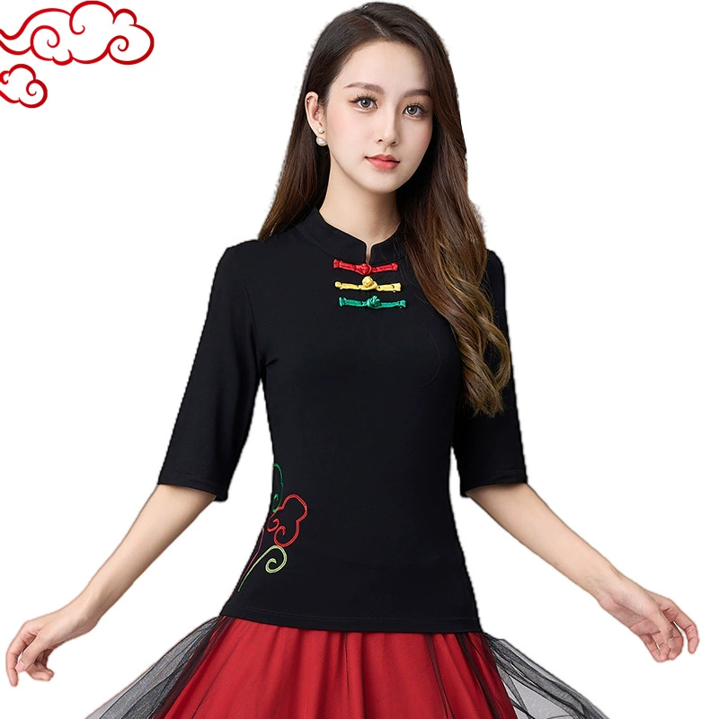 Весенне-летняя одежда для квадратных танцев, новые топы, одежда для модальных танцев, танцевальная одежда для среднего и пожилого возраста, танцевальная одежда с высоким воротником и вышивкой