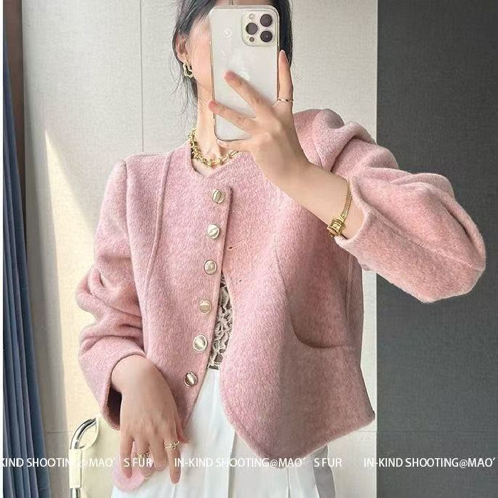 小香风外套女2025秋冬新款圆领单排扣双面设计感小个子呢子大衣女|undefined