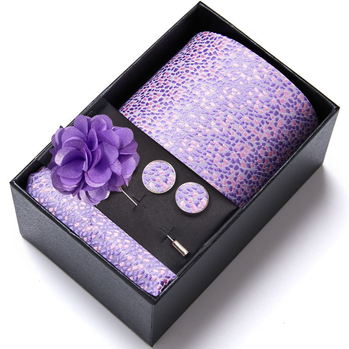 男性の新しい青いストライプのプリントネクタイのスカーフのカフスの胸の花のギフトボックスの包装の贈り物の佳品は祝日に適します。