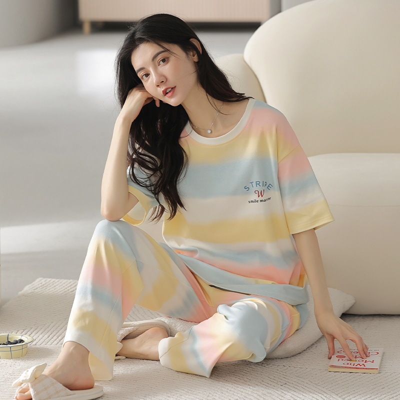 New Style Pajamas Women's Spring and Summer Cotton Short-sleeved Trousers Thin 100% Cotton Cute Student Home Clothes Women's Suit