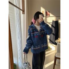 YS韩系费尔岛提花连帽重磅加厚针织衫外套女秋冬宽松休闲毛衣开衫