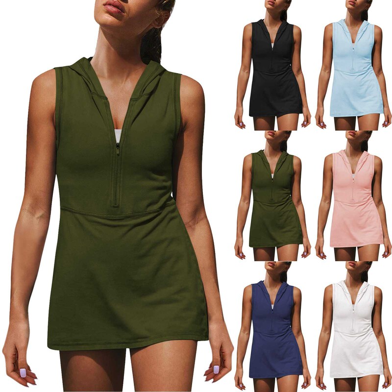 Women's Half Zip Sports dress 2024 European and American Fitness Outdoor Casual Sleeveless Hoodie Mini Tennis Skirt