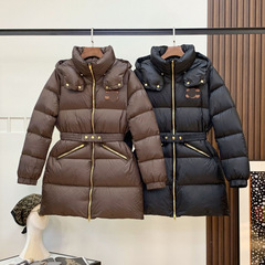 celi家新款冬季收腰修身羽绒服女连帽咖色腰带外套气质通勤服装