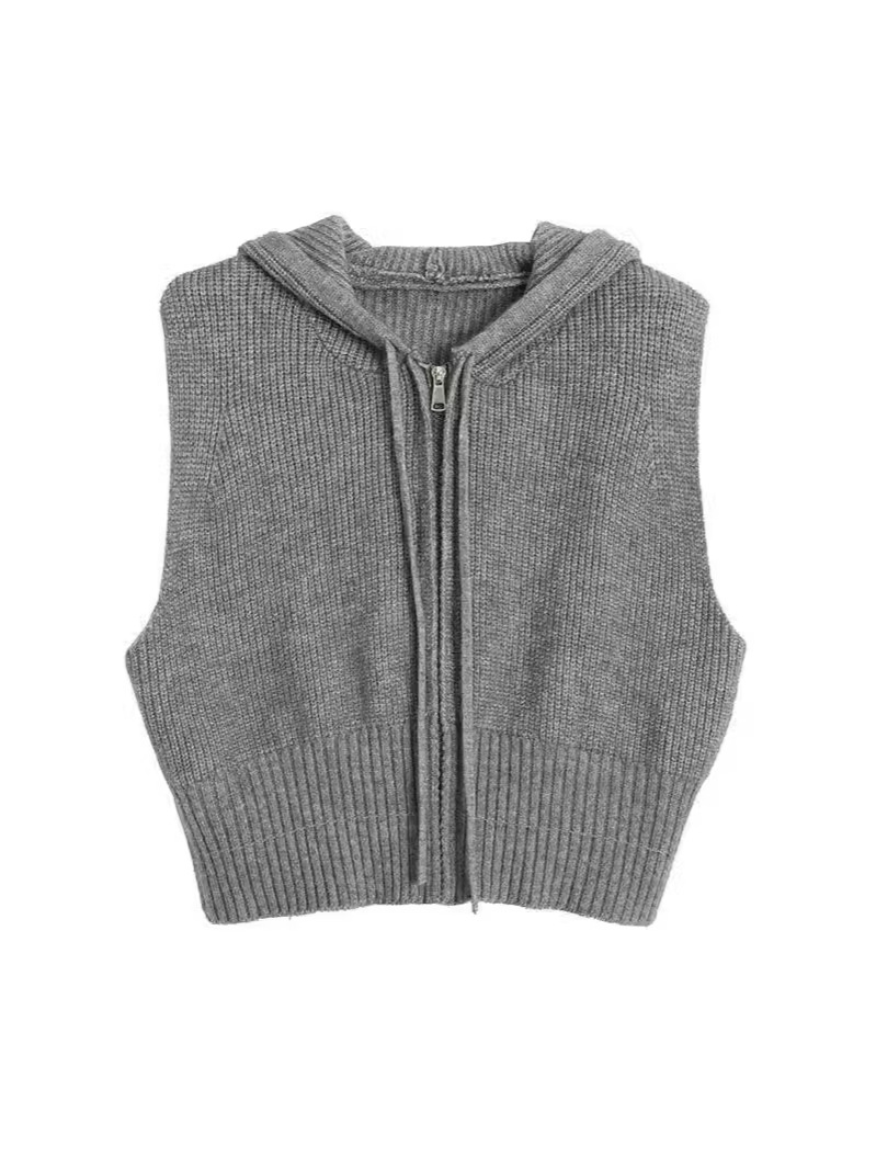 Retro chaleco encapuchado de hombro de punto Cardigan corto de mujer outer vestir otoño nuevo suéter suelto sin mangas abrigo