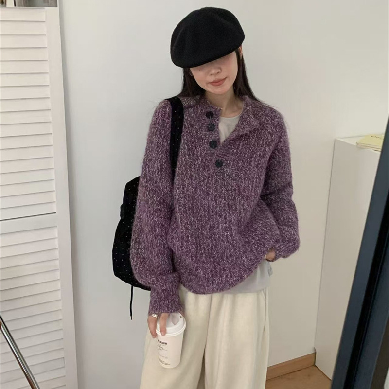 韩系软糯半开领毛衣女2025新款秋冬休闲宽松慵懒花风纱针织上衣潮|undefined