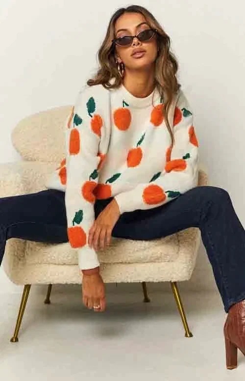 orange jacquard round neck long-sleeved loose sweater nihaostyles clothing wholesale NSSX89357