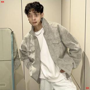 Vertical Collar Crock Jacket American Retro Foggy PU Leather Jacket Men's Spring and Autumn Vertical Collar Crock Jacket All-Match Short Jacket