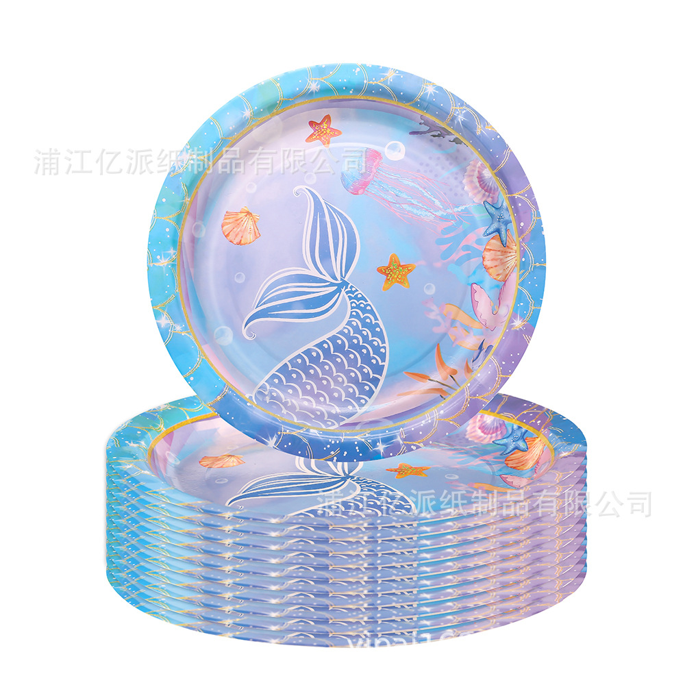 Nuevo juego de vajilla de fiesta con tema de sirena marina de verano, bandeja de papel desechable, cuchillo, tenedor, cuchara, decoración de fiesta