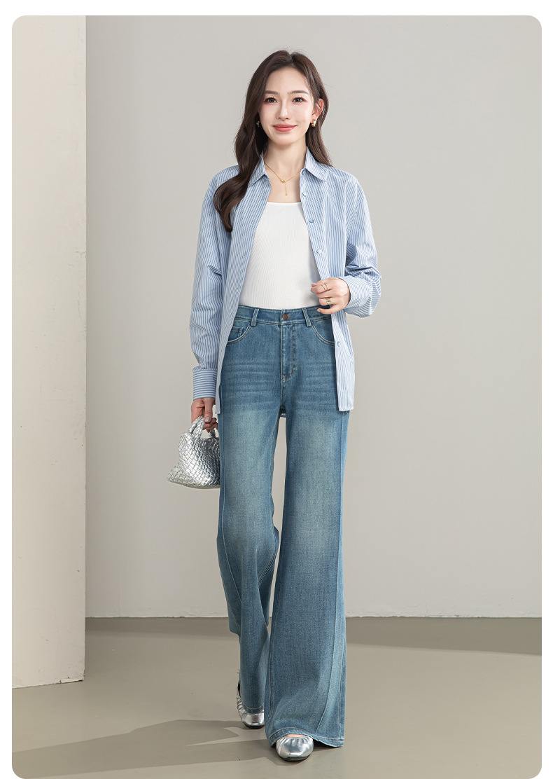 Quần jean nữ cạp cao ống rộng vải Tencel cotton co giãn 4 chiều dáng suông nhẹ — xanh lam chi tiết 22