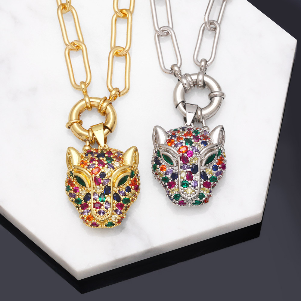 Hip Hop Copper 18K Gold-plated Inlaid Color Zircon Leopard Head Pendant Necklace