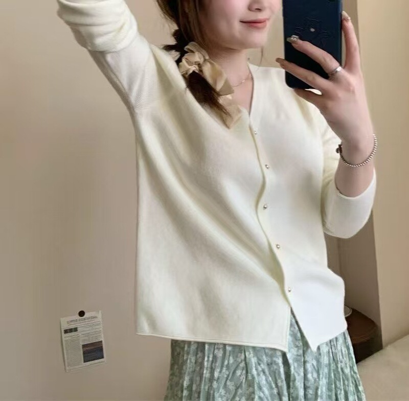 温柔风粉色v领针织开衫女短款春秋洋气漂亮软糯上衣毛衣打底衫女|undefined