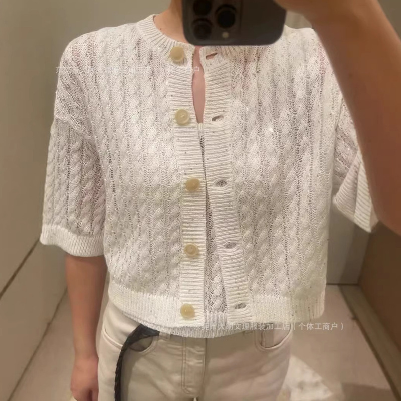 B*C 2026 Spring and Summer New Style Thick Cable Knit Hollow Cardigan Short-Sleeved Linen Knit Jacket