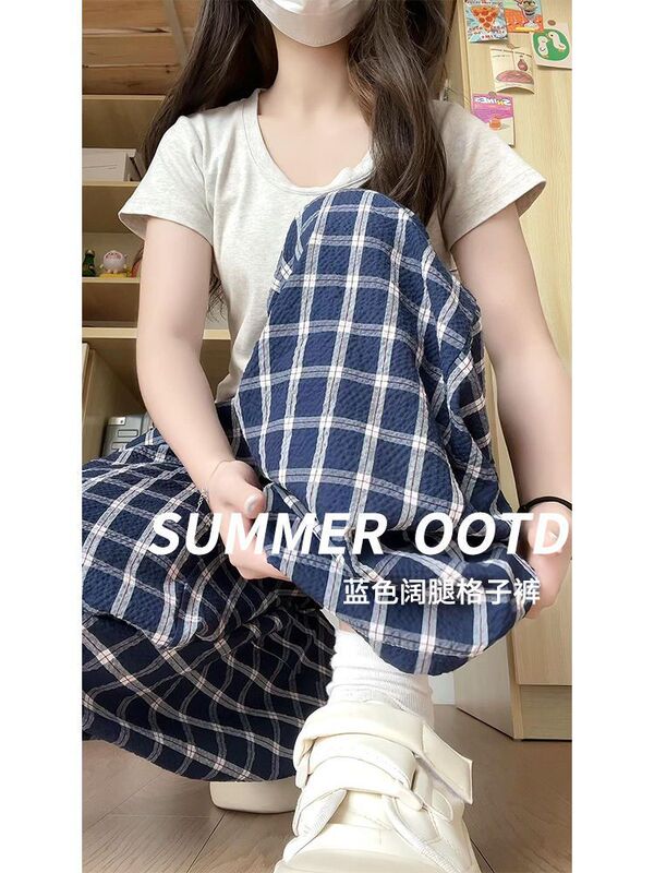 藏青格子裤女夏季薄款小个子宽松慵懒风高腰阔腿裤垂感直筒休闲裤|undefined