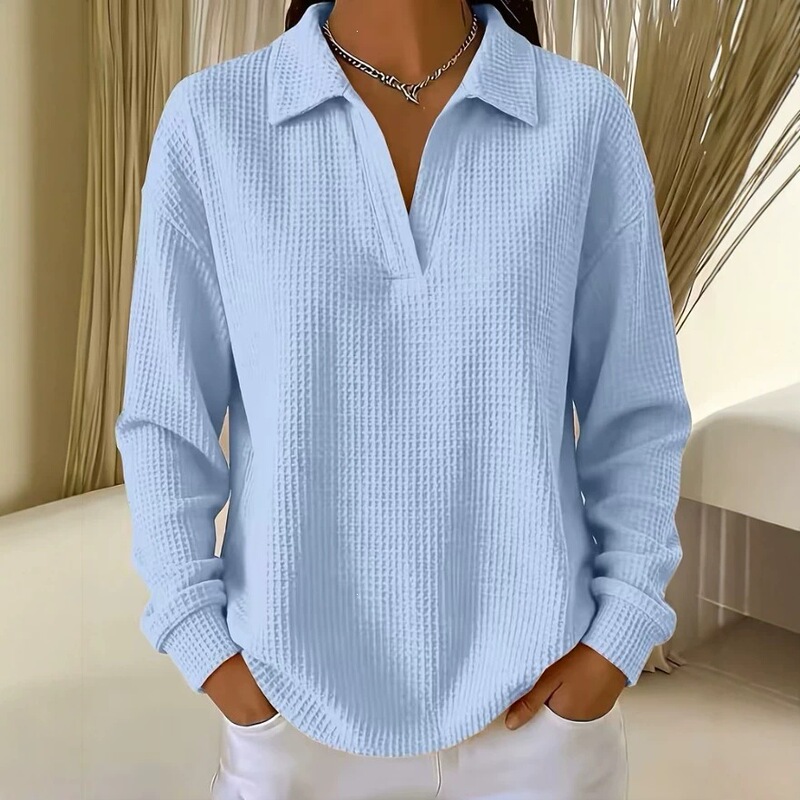 2026 New Cross-Border European and American Style Turn-Down Collar Pullover Drop-Shoulder V-Neck Waffle Long-Sleeve Loose Plus-Size Women's Top 2026 New Cross-Border European and American Style Turn-Down Collar Pullover Drop-Shoulder V-Neck Waffle Long-Sleeve Loose Plus-Size Women's Top