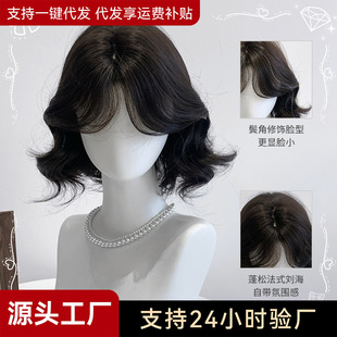 Autumn solid wig black tea color women's full head cover wholesale cross-border a few words bangs short hair egg roll daily cute shape