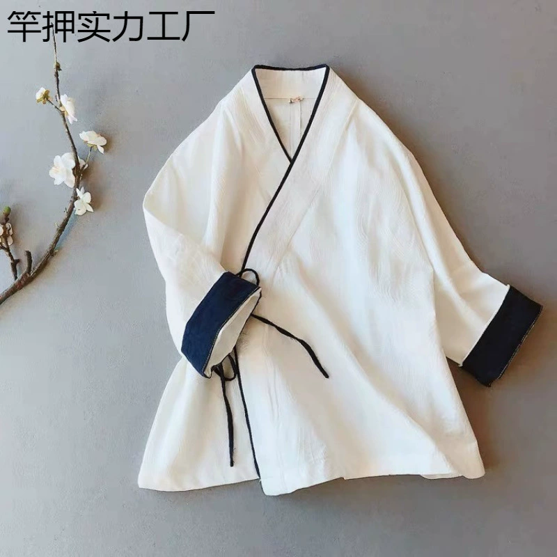 Весенне-летний улучшенный женский топ в древнем китайском стиле династии Хань на шнуровке из хлопка и льна с v-образным вырезом и наклонными лацканами, кардиган большого размера, чайный костюм в стиле дзен