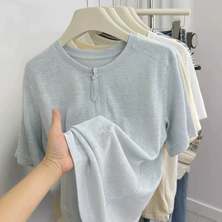 跨境纯色批发雪花棉大码240斤短袖女t恤装2026夏季宽松半拉链圆领