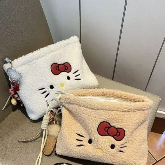 Lamb wool embroidered makeup bag, cute cartoon Kitty cat embroidered clutch bag, large capacity women's storage bag