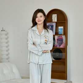 2026春季新款可爱小猫卡通睡衣仿真丝女士家居服套装宽松条纹长袖