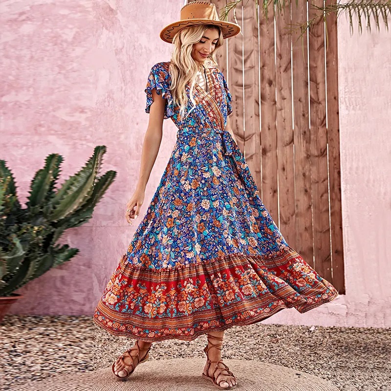 Wish Best-Selling Women's Clothing Cross-Border Foreign Trade Bohemian Lace-Up Long V-Neck Printed Dress_ecoleips.com