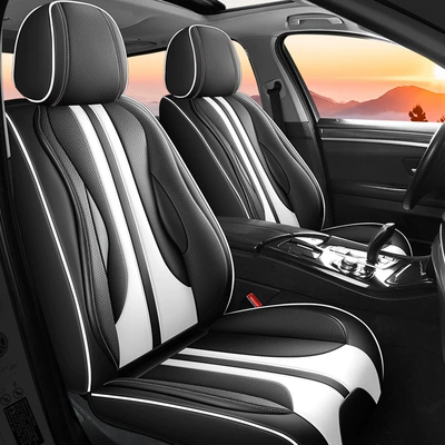 Car Nappa Leather Full-Coverage Seat Cushion, All-Season Universal Model, Light Luxury High-End Car Seat Cushion, Seat Cover, Protective Cover (Seat cushion, seat cover) - standard-version-no-headrest-and-waistrest-black-and-white-front-single-seat
