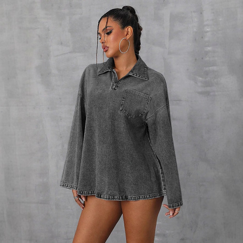 T--65608#Women's clothing European and American INS new loose casual long-sleeved denim top