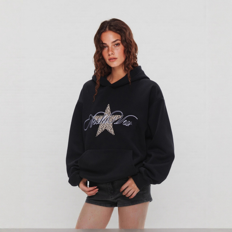 Three-Dimensional Towel Embroidery American Retro Leopard Print Star Hooded Sweatshirt for Women, Loose and Lazy Style, Oversize Cross-Border