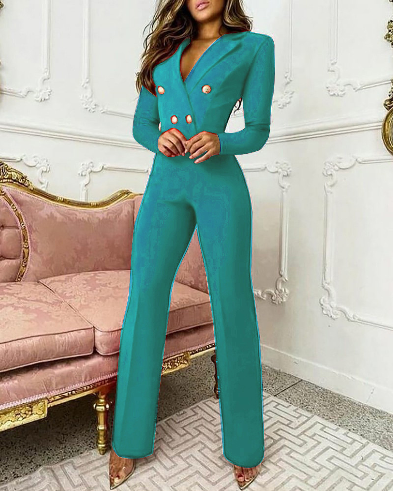 solid color lapel long-sleeved slim V-neck jumpsuit NSYHC136151