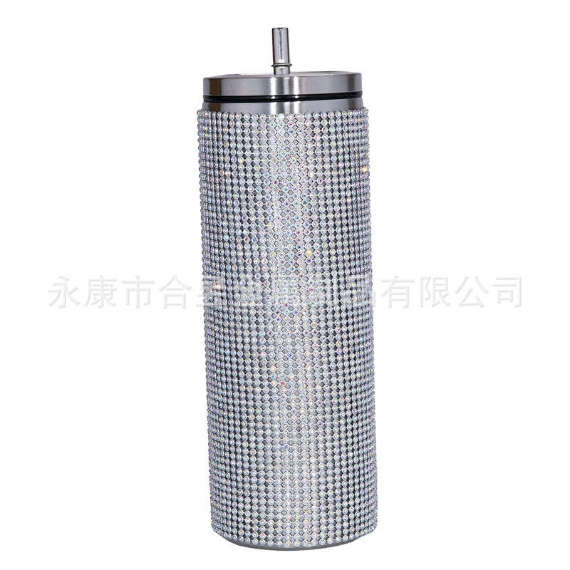 Bling rhinestone taladro 20oz vacío aislado paja de acero inoxidable taza café cuerpo recto adelgazamiento taza