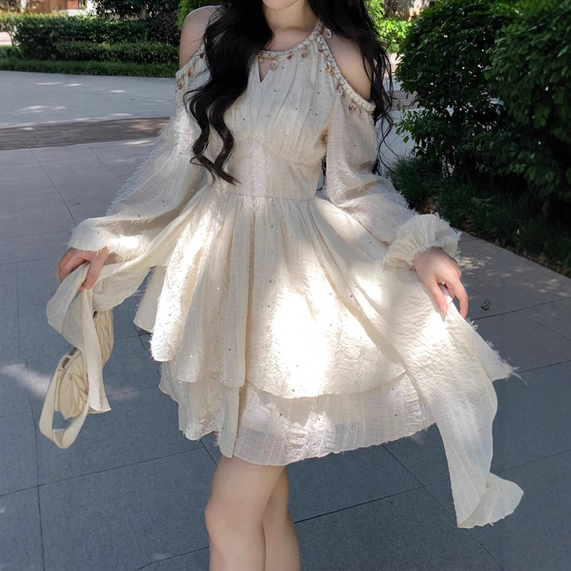 Spruce into Poetry Off-Shoulder Sequin Waist Sweet Retro Elegant Long-Sleeved Dress for Women New Spring and Summer Spruce into Poetry Off-Shoulder Sequin Waist Sweet Retro Elegant Long-Sleeved Dress for Women New Spring and Summer