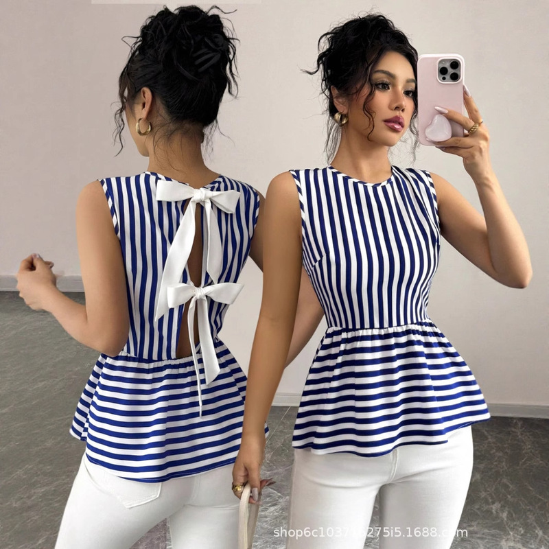 European and American Cross-Border Women's Fashion 2026 Elegant Round Neck Sleeveless Striped Top with Bow Tie at the Back, Waist-Cinching, Ruffled Hem, Versatile Top