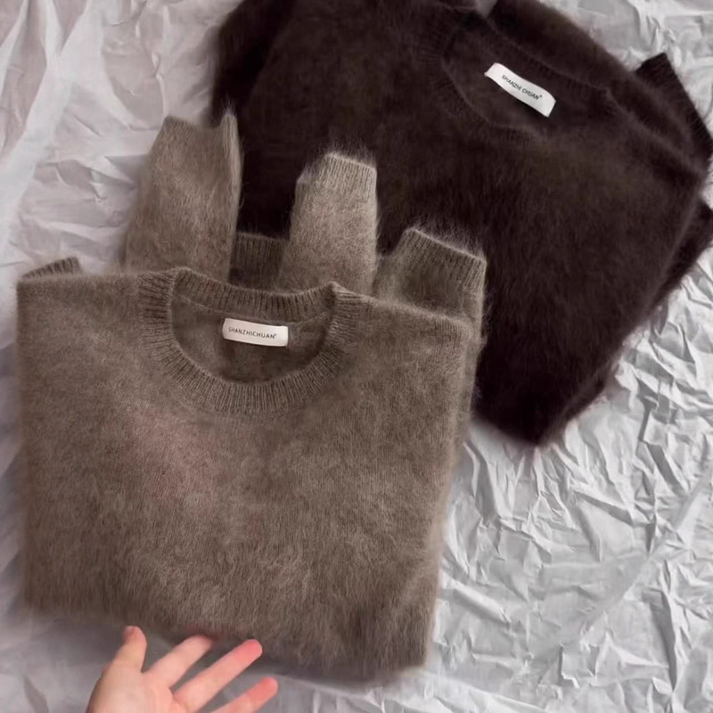High-End Brown Mohair Round-Neck Pullover Sweater for Women, Autumn and Winter, Soft and Fluffy, Suitable for Outerwear or Layering, Knitted Top