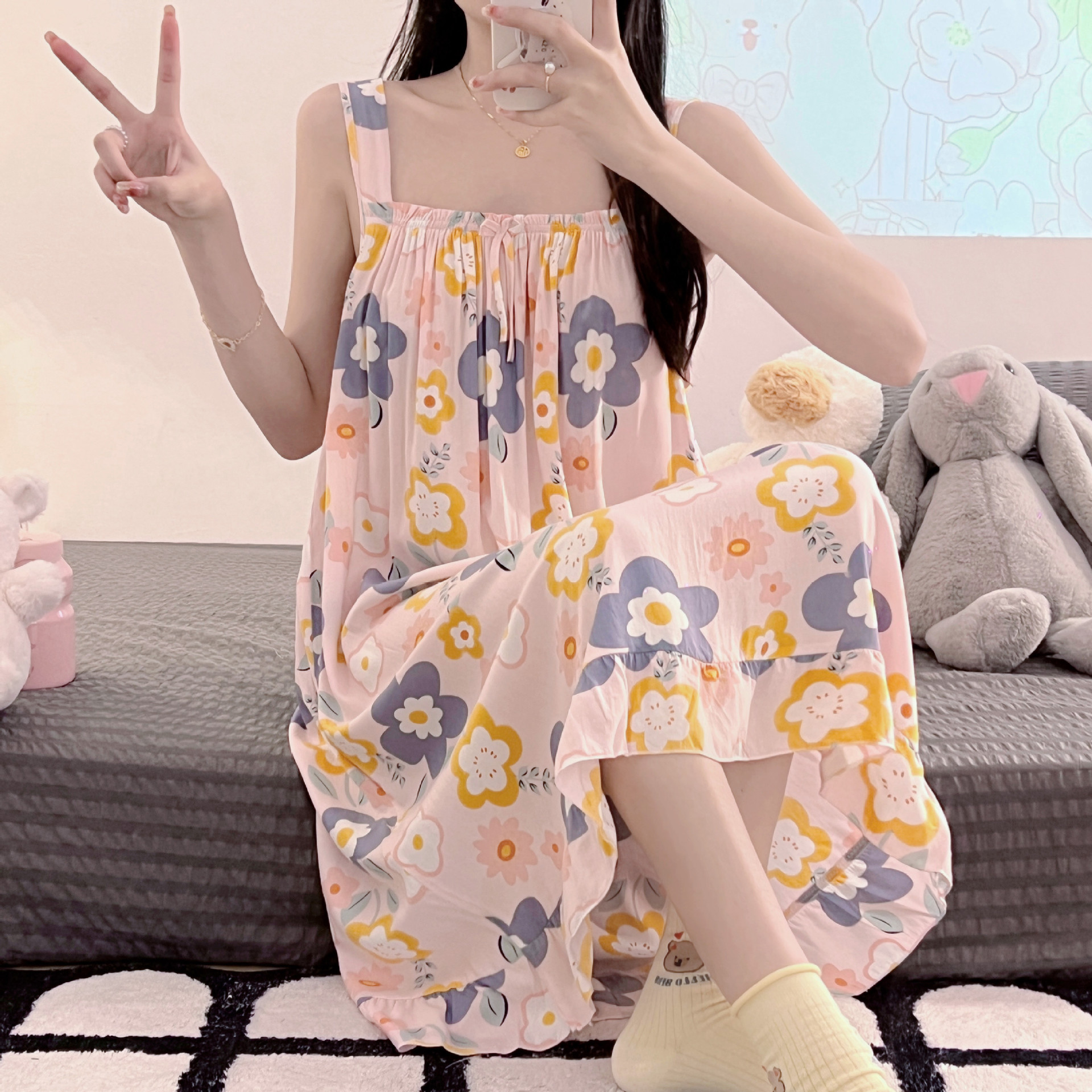 Camisón de seda de algodón de verano para mujer Pijamas dulces lindos puro deseo ins estilo delgado sexy vestido de Honda de seda de algodón artificial