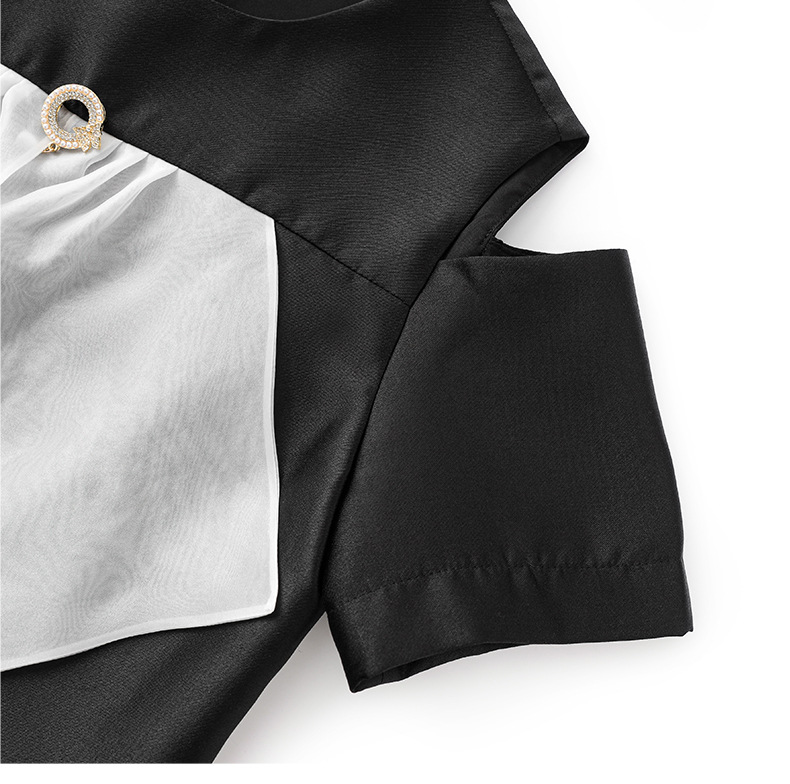 Váy liền nữ lụa phối satin organza tay ngắn thắt eo — Màu đen chi tiết 15