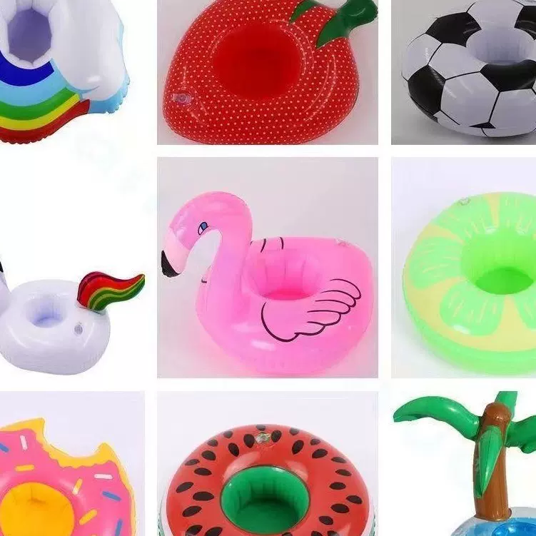 定制供应充气火烈鸟甜甜圈柠檬西瓜菠萝螃蟹爱心杯座充气水上杯垫
